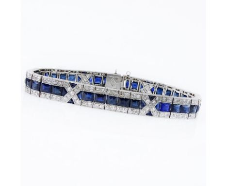 Circa 1920 Art Deco French Cut Sapphire, Old European Cut Diamond and Platinum Bracelet. Good quality sapphires throughout wi