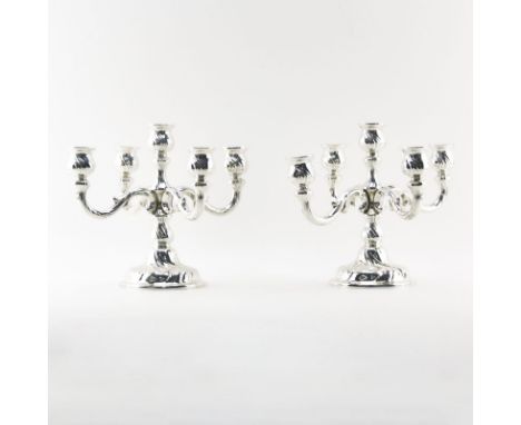 Pair of Lutz & Weiss German 835 Silver Rococo Style 5 Light Candelabras. Stamped and hallmarked. Metal plate on underside. Go