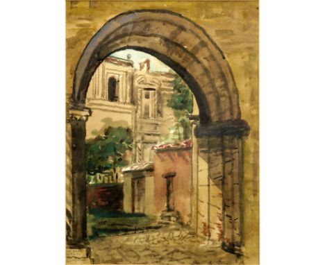 20th Century Antigua Guatemalan Watercolor "Archway" Pencil Signed Lower Right. Artist inscribed lower left. Depicts a Guatem