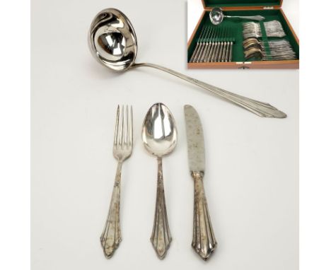 Thirty Seven (37) Piece Wurttembergische Metallwarenfabrik 90 "Facher" Pattern Silverplated Flatware. Includes: 12 dinner spo