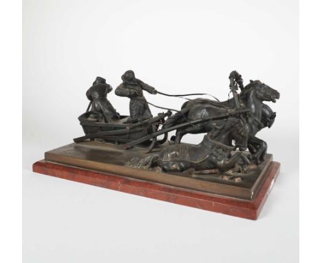 WOLFF, Albert Moritz (*15.06.1854 Berlin † 23.08.1923 Lüneburg),Bronze, dunkel patiniert, fliehende russische Jäger in Troika