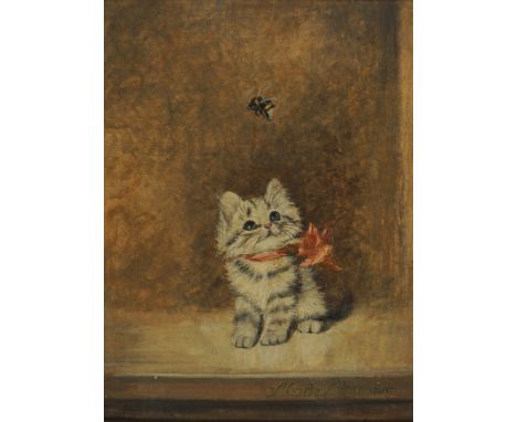 PLÜCKEBAUM, Meta (*1876 Dortmund † 1945 Düsseldorf),Öl/Malkarton, Kätzchen mit Hummel, rechts unten sign. , 41 x 31 cm, HR (d