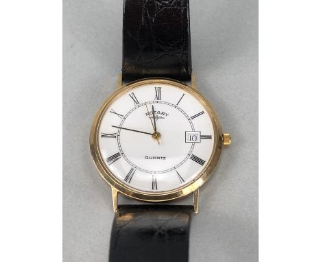 Gents Rotary Quartz Watch with leather strap, White face and date apeture