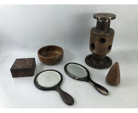 Collection of wooden items to include turned bobbin, carved wooden box and turned wooden architectural objet d'art with metal