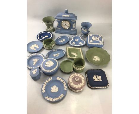 Collection of Wedgwood Blue Jasperware to include a Jasperware Mantle clock
