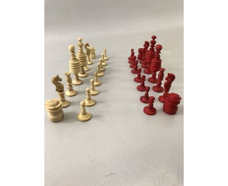 19th century turned and stained carved ivory and bone chess set, the tallest piece approx 7.5cm high