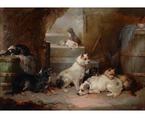 George Armfield (British 1810-1893)Waiting for masterOil on canvasSigned and indistinctly dated 56[?] lower right26 x 36cm (1