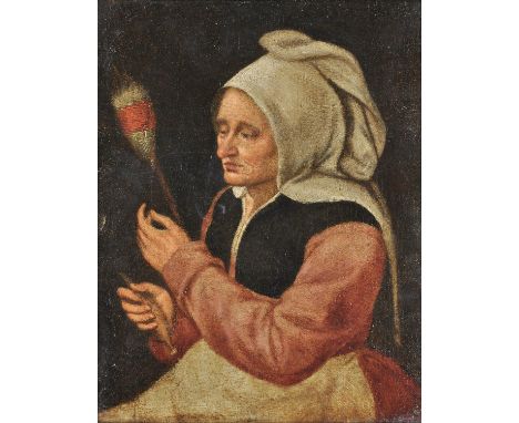 Follower of Marten van Cleve The ElderA peasant woman with a spindleOil on panel 31.5 x 24.5cm (12¼ x 9½ in.)Condition Report