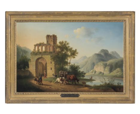 Pierre-Joseph Petit (French 1768-1825)Italianate river landscape with peasants and animalsOil on metalSigned lower right 33 x