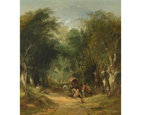 William Shayer (British 1787-1879)A gypsy family with a wagon halted by a woodland pathOil on canvasSigned lower left51 x 46c