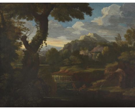 Follower of Gaspar Dughet Extensive landscape with river and mountain in the distanceOil on canvas50 x 65cm (19½ x 25½ in.)Pr