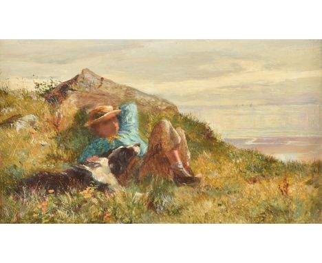 Lionel Percy Smythe (British 1839-1918)Boy resting beside a rock with his dogOil on canvas laid down to panel 9.5 x 16.5cm (3