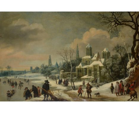 Circle of Nicolaes Molenaer (Flemish 1630-1676)Winter landscape with frozen lakeOil on canvas82 x 125cm (32¼ x 49 in.)The pre