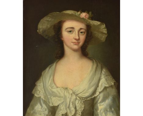 † Arthur Pond (British c. 1705-1758)Portrait of a lady wearing a white dress and wide brimmed hatOil on canvas61 x 50cm (24 x