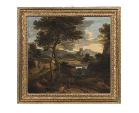 Circle of Francisque Millet (Flemish 1642-1679)A classical rocky landscape with figures on a path, a waterfall and castle bey