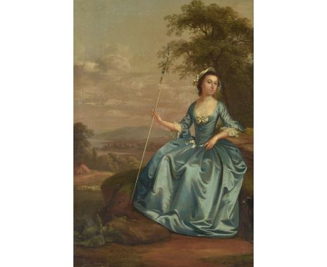 Arthur Devis (British 1711-1787)Portrait of a lady in a blue dress with shepherd's crookOil on canvasSigned and indistinctly 