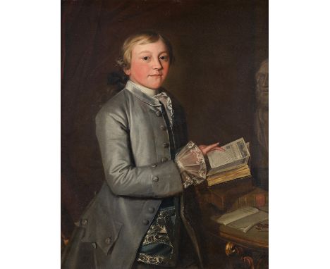 Christopher Steele (British 1733-1767)Portrait of Giles Moore, three-quarter length, reading the 'Iliad', with a bust of Home