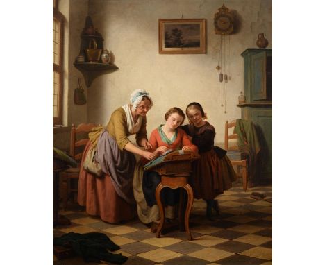 Basile de Loose (Belgian 1809-1885)The Sewing LessonOil on canvasSigned and dated Brux 1858 lower right83 x 70cm (32½ x 27½ i