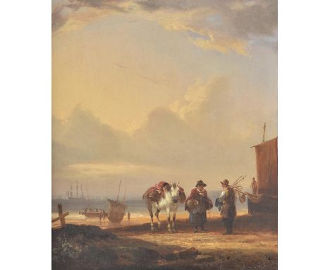 William Shayer Senior (British 1787-1879)Figures on the beach with boats beyondSigned lower rightOil on panel31 x 26cm (12¼ x