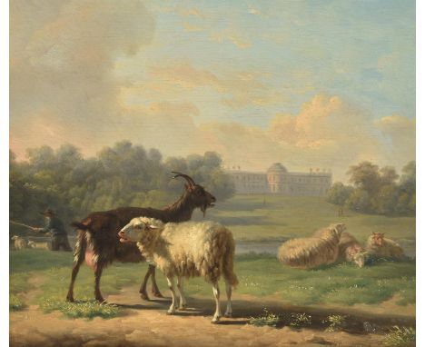 Balthasar Paul Ommeganck (Flemish 1755-1826)Sheep and goats in a country estateOil on cradled panel, a pairBoth signed lower 