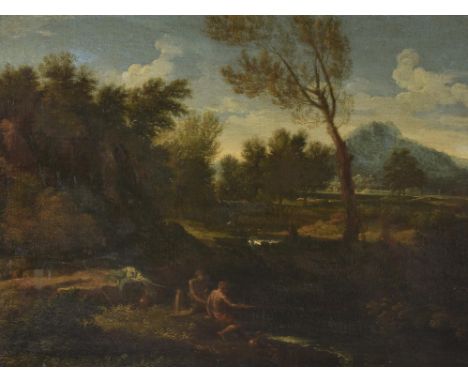 Follower of Gaspar Dughet Fishermen in a river landscapeOil on canvas48.5 x 65.5cm (19 x 25¾ in.)Provenance:Sir Max Waechter 
