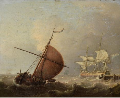 Attributed to Charles Martin Powell (British 1775-1824)Shipping in rough seasOil on panel25 x 30cm (9¾ x 11¾ in.)Condition Re