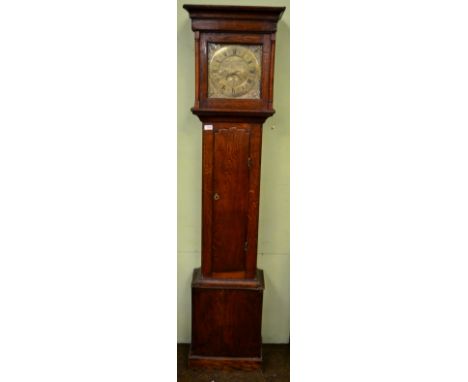 An oak thirty hour longcase clock, signed Webster, Salop, circa 1750, flat top pediment, 10-inch brass dial with chapter ring