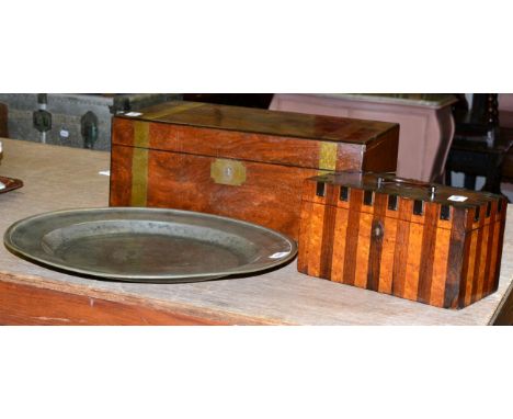 Brass bound writing slope and a 19th century Rosewood and maple tea caddy, a pewter charger and a bagatelle game (4)