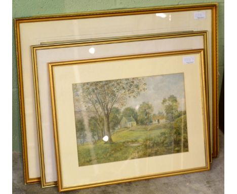 R L Browning (19th/20th century) Fisherman at a brook with sheep and blossom trees nearby, signed, watercolour; together with