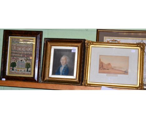 Framed sampler worked by Mary Taylor, Collace, dated 1858, a framed portrait of a gent in blue jacket and a watercolour river