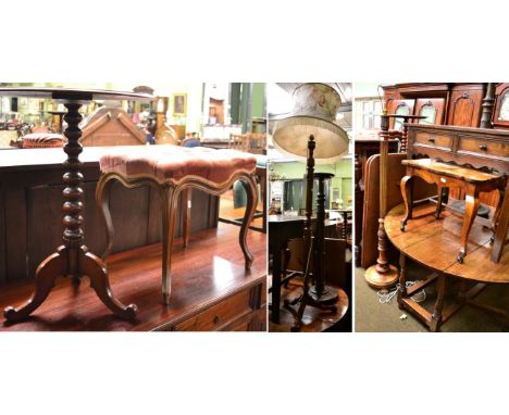 Victorian tripod table, mahogany torchere, standard lamp, another standard lamp, stool and a piano stool 