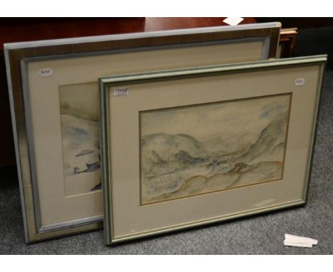 Two figurative pith paintings together with three watercolours (Allan Freer ''Borrowdale'', Irene Halliday ''Venice'' and ano