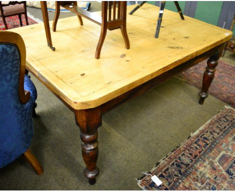 A 19th century pine top table with drawer stamped R Simpson, 153cm long 