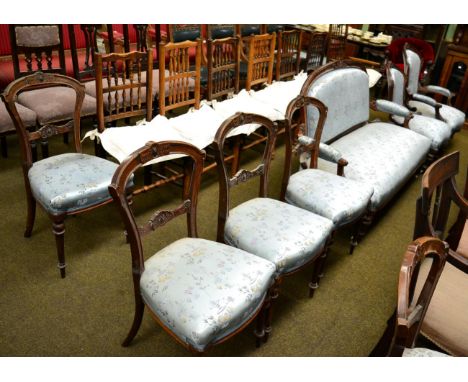 Nine piece mahogany framed parlour suite comprising, ladies and gents chairs, sofa, five further chairs and a stool (9) 