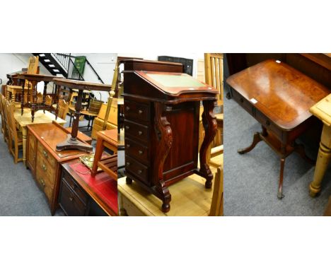 A Victorian plant table, reproduction Davenport, side table, small sideboard, tripod table etc (5)