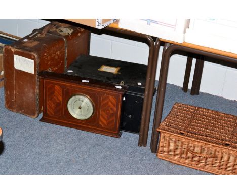 Edwardian mahogany barometer, tin trunk, wicker hamper and a vintage suitcase and contents 