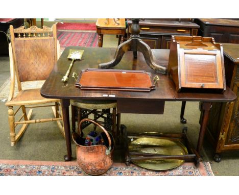 Two Middle Eastern brass topped folding tables, a rocking chair, a butler's tray, coal purdonium, copper coal bucket, brass s