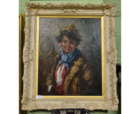 Continental school (20th century) Portrait of a urchin boy, half length, standing in an interior, indistinctly signed 