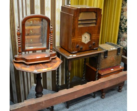 A Victorian toilet mirror, oak box with wrought iron hinges, an oak barley twist occasional table, a parquetry top tripod tab