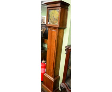 A mahogany thirty hour longcase clock, flat top pediment, plain trunk door, 10-inch brass dial with chapter ring signed John 