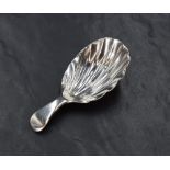 A Georgian silver caddy spoon, of traditional form having a scallop bowl and plain terminal,
