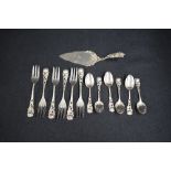 A set of twelve white metal Hildesheimer Rose cake forks and teaspoons, having decorative pierced