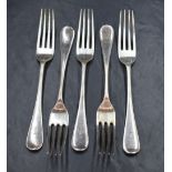 A group of five Victorian silver Hanoverian pattern forks, having an initial engraved to the