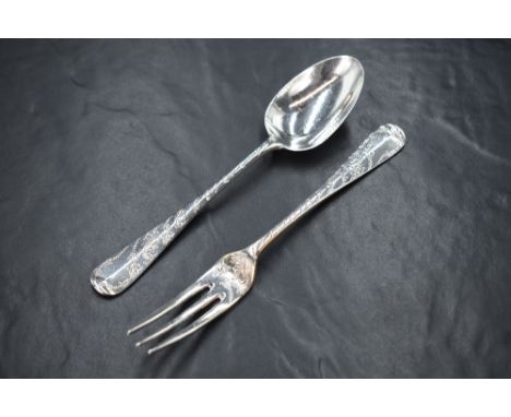 A cased Victorian silver Hanoverian rat-tail pattern christening spoon and fork set, having decorative scroll engraving, mark