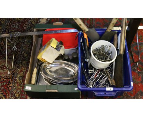 A lot of butcher's shops tools, saws, cleavers, weights, stainless steel and adjustable rack.