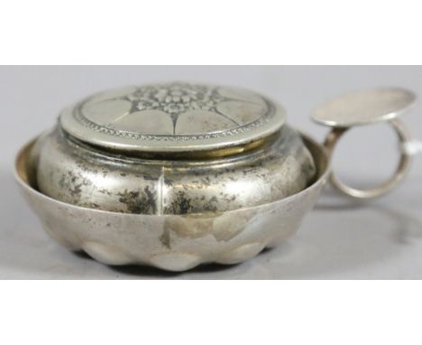 A French white metal wine taster and similar patch box.