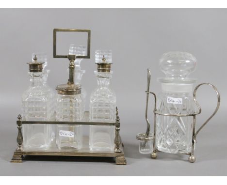 A silver plate six bottle cruet set along with a silver plate framed pickle jar and fork set.