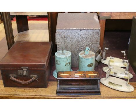A pair of string dispensers, three matching vintage string dispensers, a wall mounting strong box, leather case and a mahogan