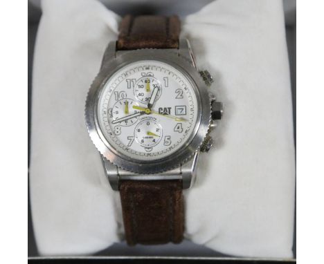 A gentleman's Cat stainless steel chronograph wristwatch with subsidiary dials to 6, 9 and 12 having date display and with qu