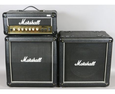 A Marshall MG15 MS2 micro amplifier stack to include 45 watt head, two speaker cabinets, two speaker leads and power lead.
